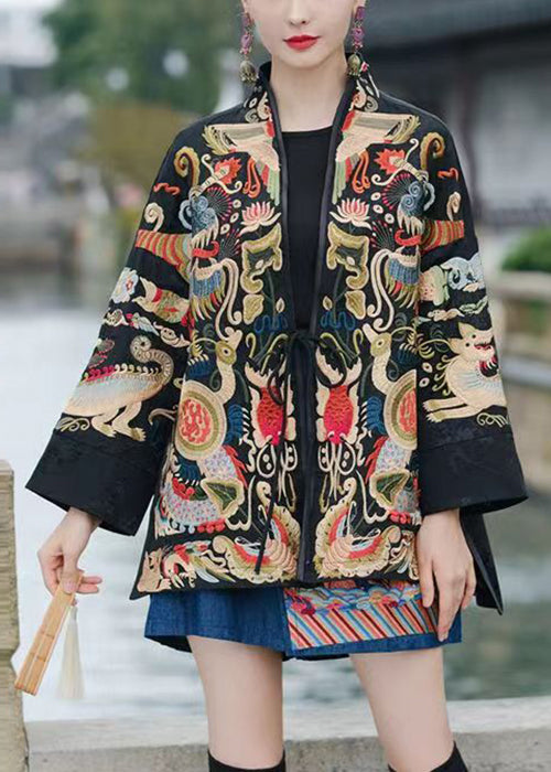 Red Lace Up Embroidered Silk Coats V Neck Long Sleeve Ada Fashion