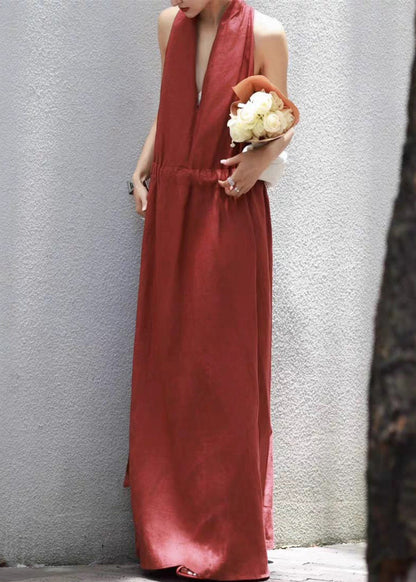 Solid Up Dress Long Neck Red V Summer Lace Cotton FashionChic