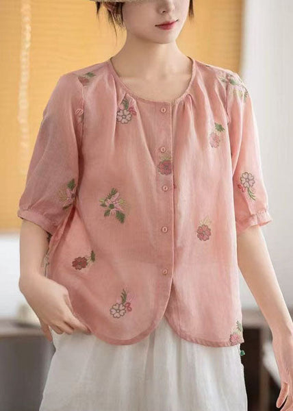Linen Summer O-Neck Embroidered Shirts Red FashionChic