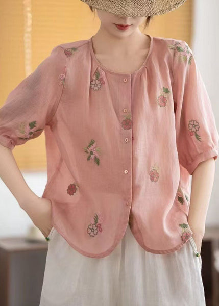 Linen Summer O-Neck Embroidered Shirts Red FashionChic