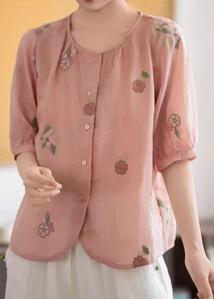 Linen Summer O-Neck Embroidered Shirts Red FashionChic