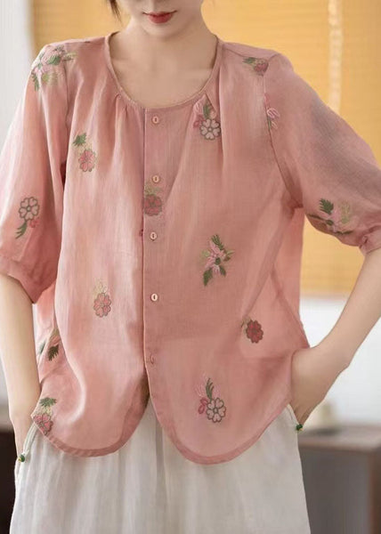 Linen Summer O-Neck Embroidered Shirts Red FashionChic