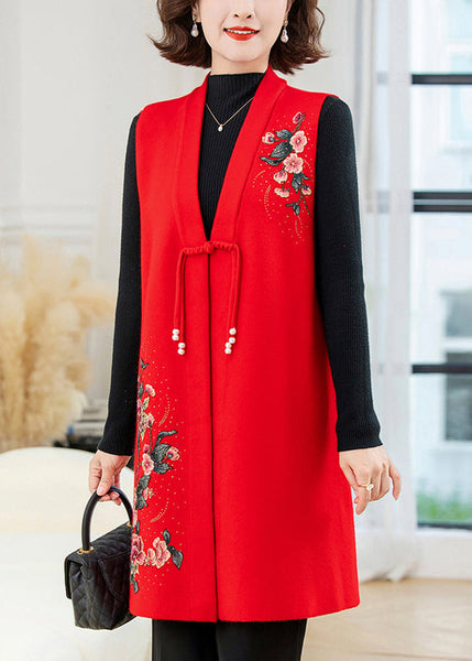 Red Long Wool Knit Waistcoat Embroidered Floral Sleeveless TA028