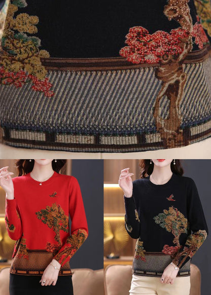 Red Patchwork Cozy Wool Knit Sweaters O Neck Long Sleeve TB024