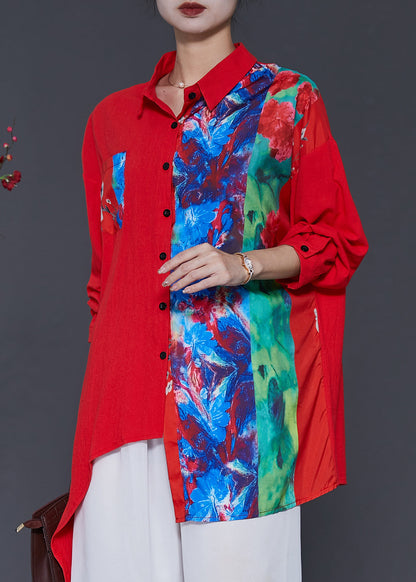 Red Patchwork Linen Blouse Top Oversized Spring SD1048 Ada Fashion