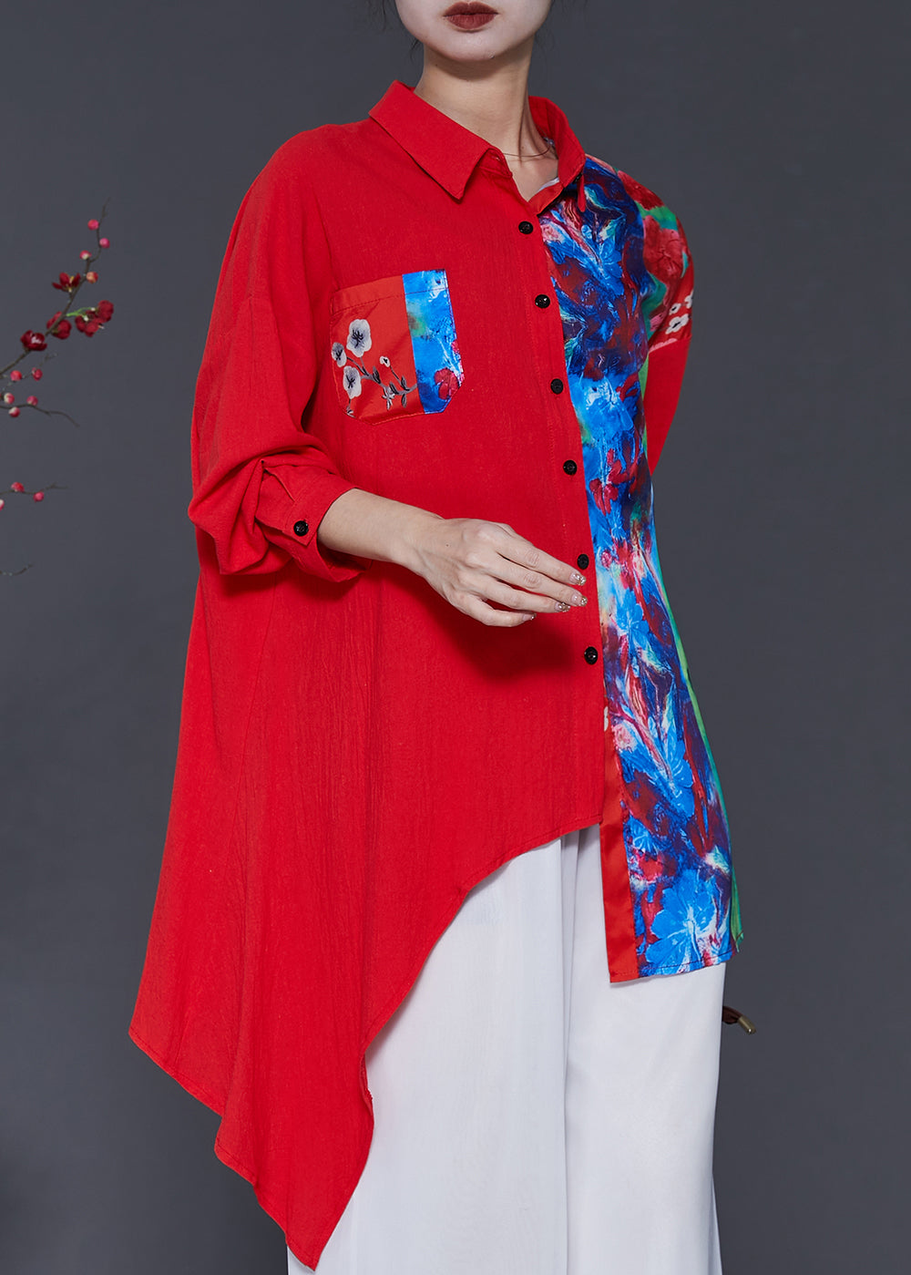 Red Patchwork Linen Blouse Top Oversized Spring SD1048 Ada Fashion