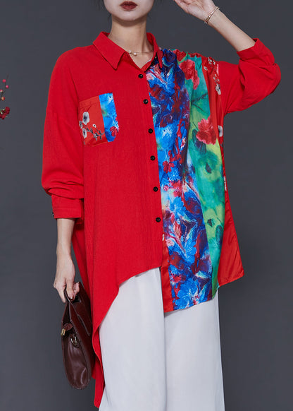 Red Patchwork Linen Blouse Top Oversized Spring SD1048 Ada Fashion