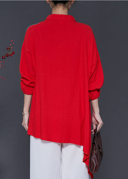 Red Patchwork Linen Blouse Top Oversized Spring SD1048 Ada Fashion