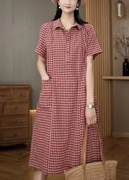 Red Shirt Summer Plaid Linen Dresses Collar Pan Peter FashionChic