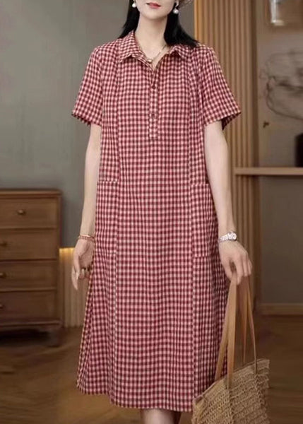 Red Shirt Summer Plaid Linen Dresses Collar Pan Peter FashionChic