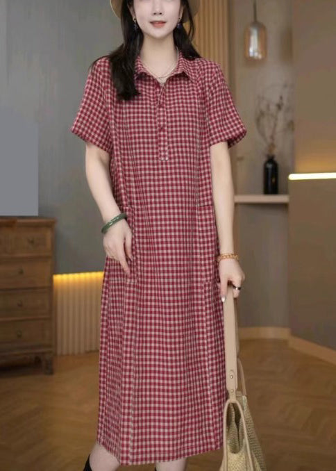 Red Shirt Summer Plaid Linen Dresses Collar Pan Peter FashionChic