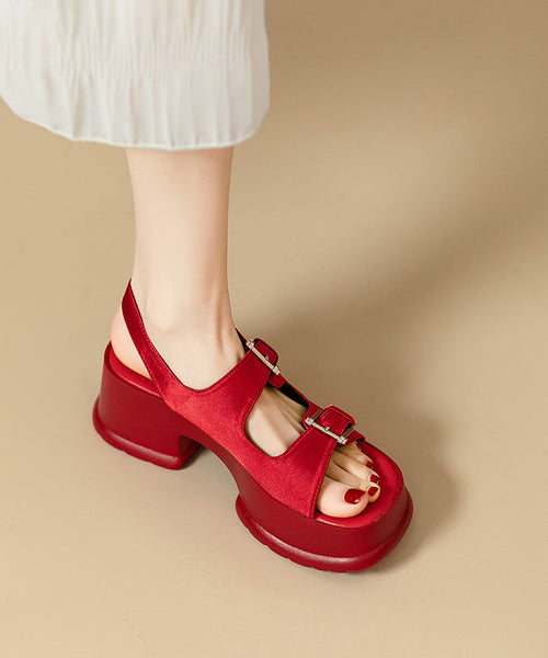 Splicing Buckle Leather Strap Platform Chic Sandals Red Faux FashionChic