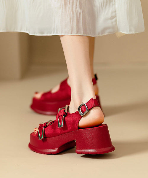 Splicing Buckle Leather Strap Platform Chic Sandals Red Faux FashionChic