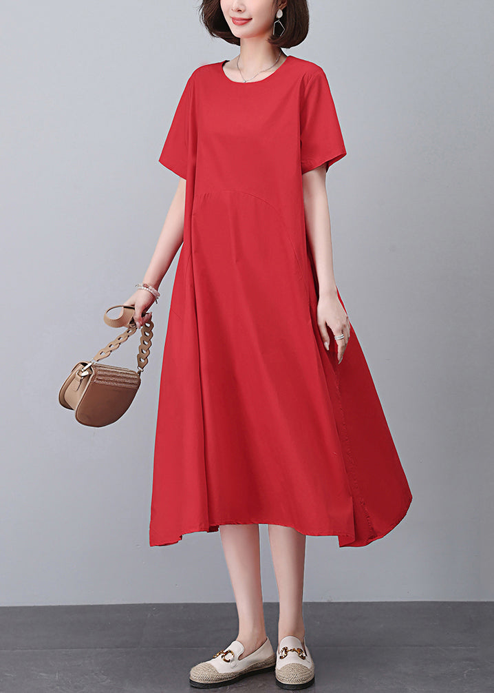 Red Pockets Solid Cotton Dress O Neck Short Sleeve MN051 MMDM-SDL240704