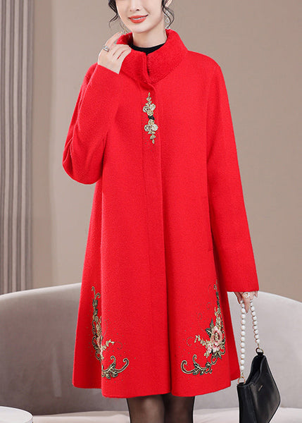 Red Pockets Zircon Wool Spring Coats Stand Collar RZ021 ABC