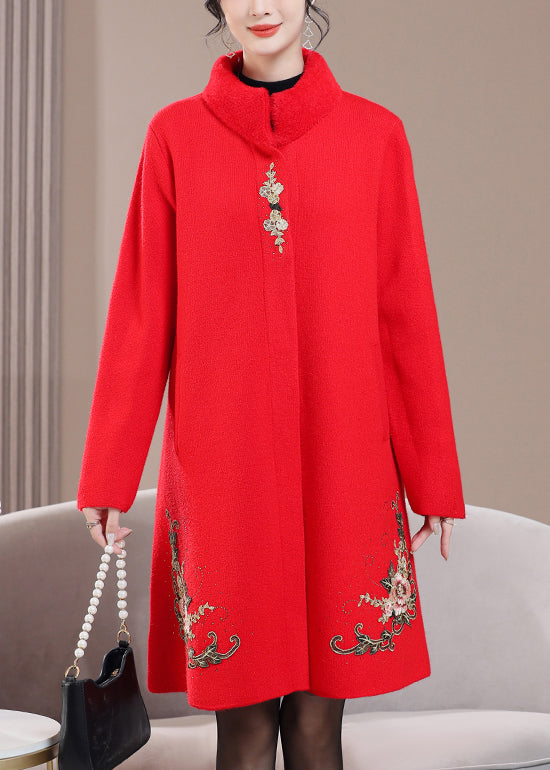 Red Pockets Zircon Wool Spring Coats Stand Collar RZ021 ABC