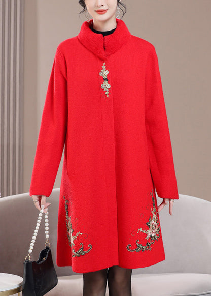 Red Pockets Zircon Wool Spring Coats Stand Collar RZ021 ABC