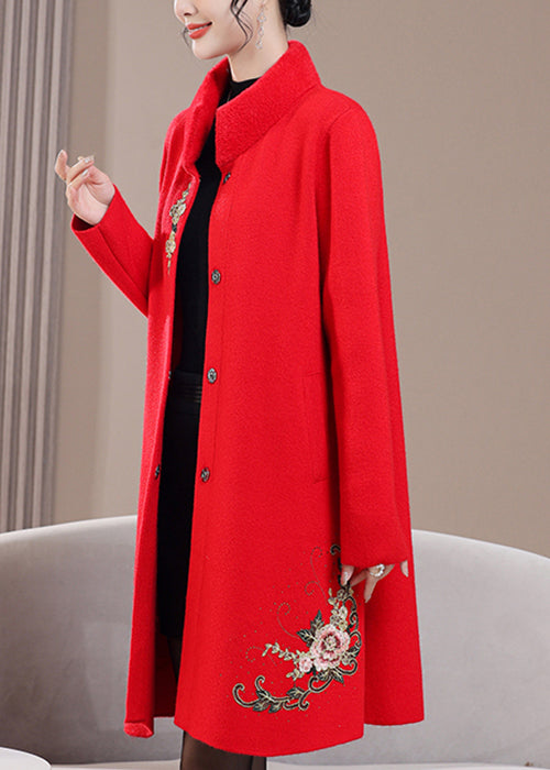 Red Pockets Zircon Wool Spring Coats Stand Collar RZ021 ABC