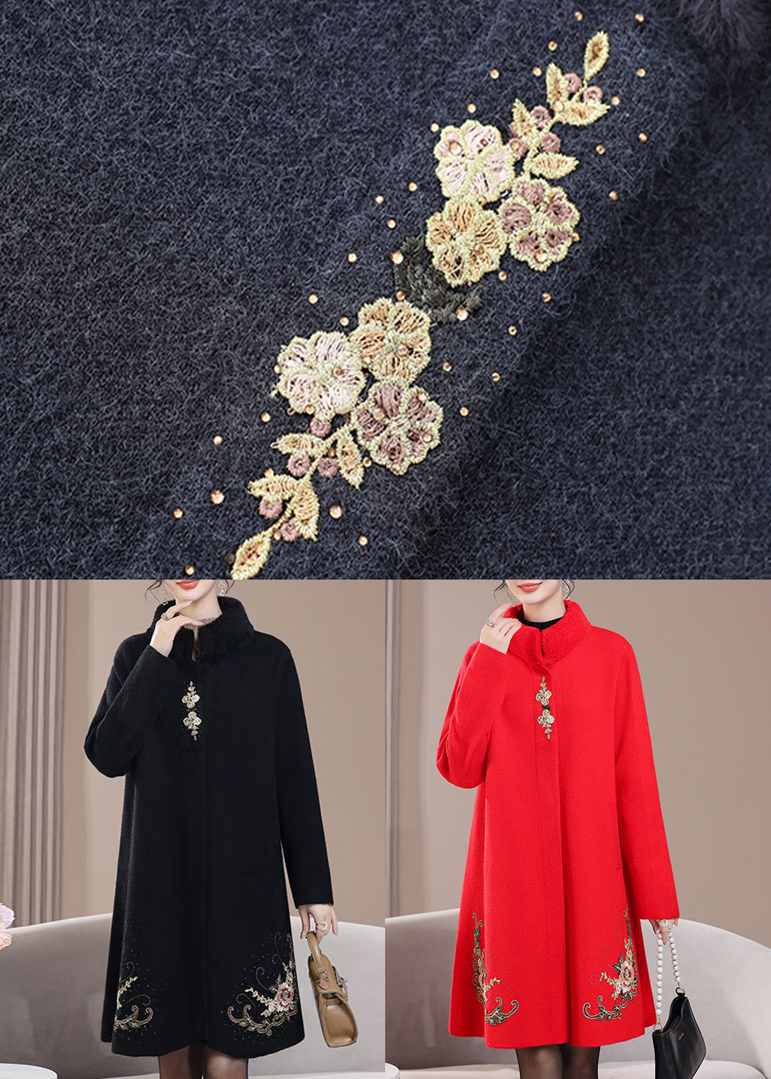 Red Pockets Zircon Wool Spring Coats Stand Collar RZ021 ABC
