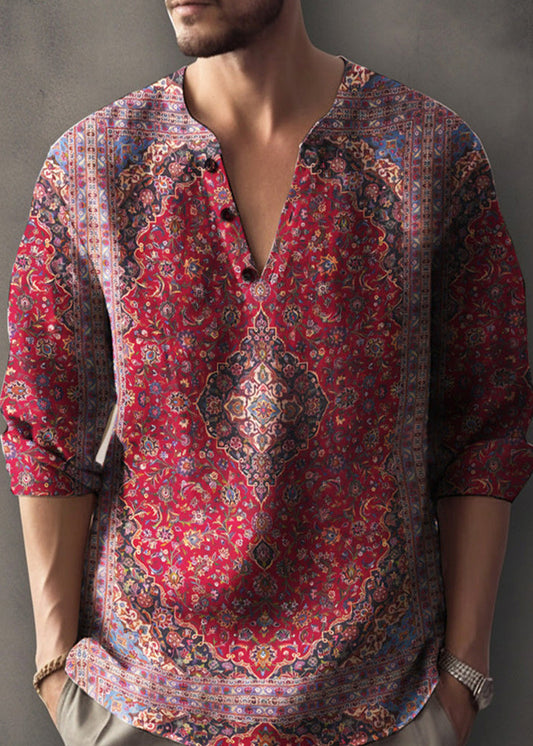 Print Mens V Shirts Button Cotton T Fall Neck Red FashionChic