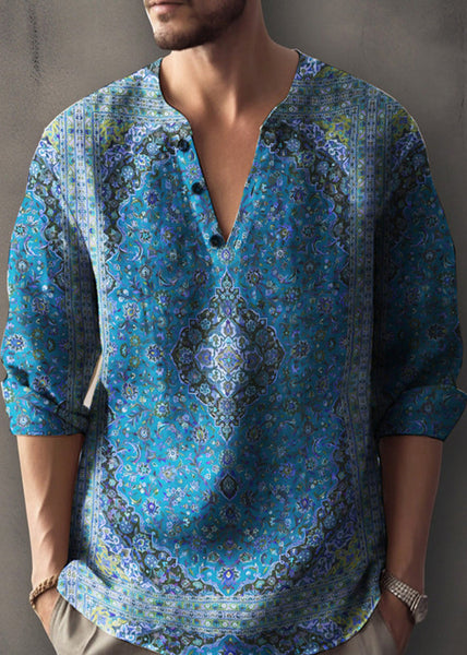 Print Mens V Shirts Button Cotton T Fall Neck Red FashionChic