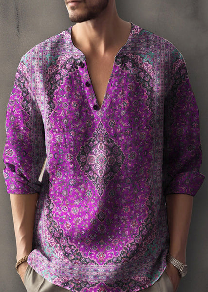 Print Mens V Shirts Button Cotton T Fall Neck Red FashionChic