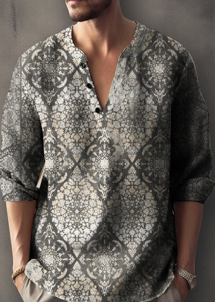 Print Mens V Shirts Button Cotton T Fall Neck Red FashionChic