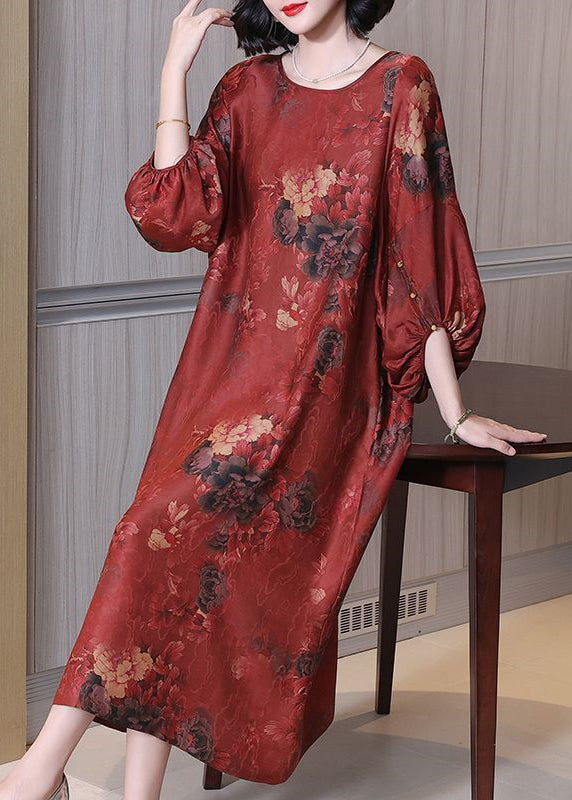 Red Print Button Silk Long Dress O Neck Half Sleeve OP1062 Ada Fashion