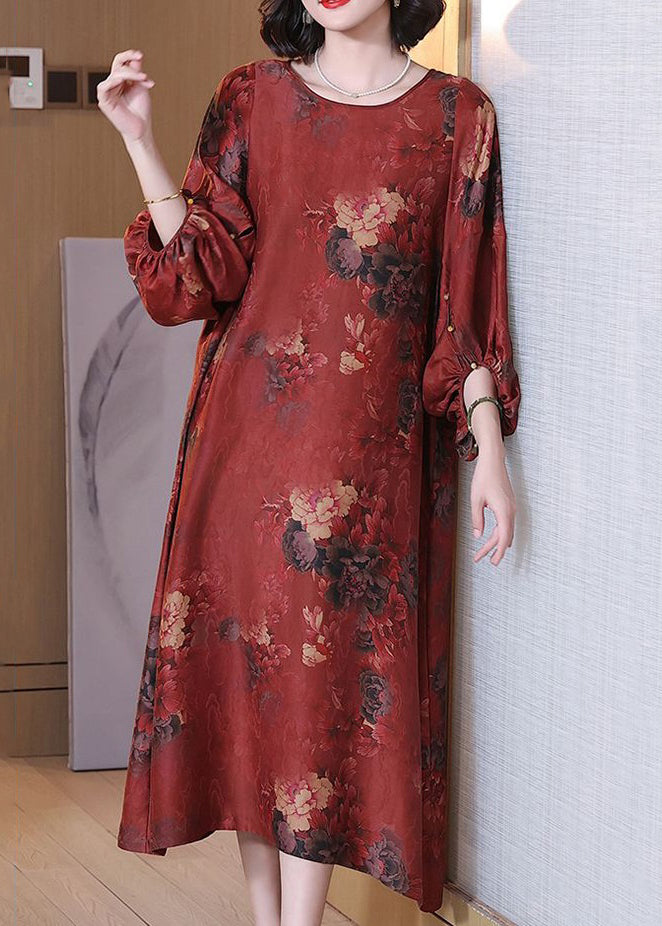 Red Print Button Silk Long Dress O Neck Half Sleeve OP1062 Ada Fashion