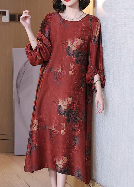 Red Print Button Silk Long Dress O Neck Half Sleeve OP1062 Ada Fashion