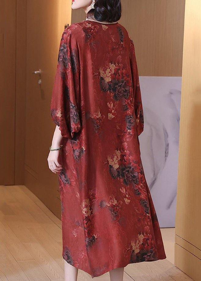 Red Print Button Silk Long Dress O Neck Half Sleeve OP1062 Ada Fashion