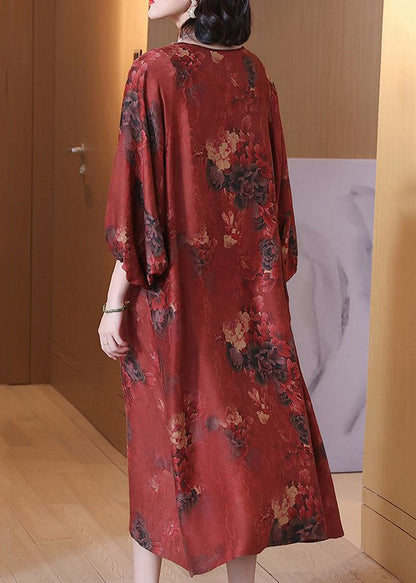 Red Print Button Silk Long Dress O Neck Half Sleeve OP1062 Ada Fashion