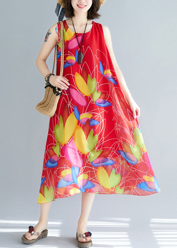 Red Print Chiffon Holiday Dresses O Neck Summer JH042 MMDM-SDL240717