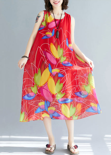 Red Print Chiffon Holiday Dresses O Neck Summer JH042 MMDM-SDL240717
