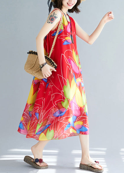 Red Print Chiffon Holiday Dresses O Neck Summer JH042 MMDM-SDL240717