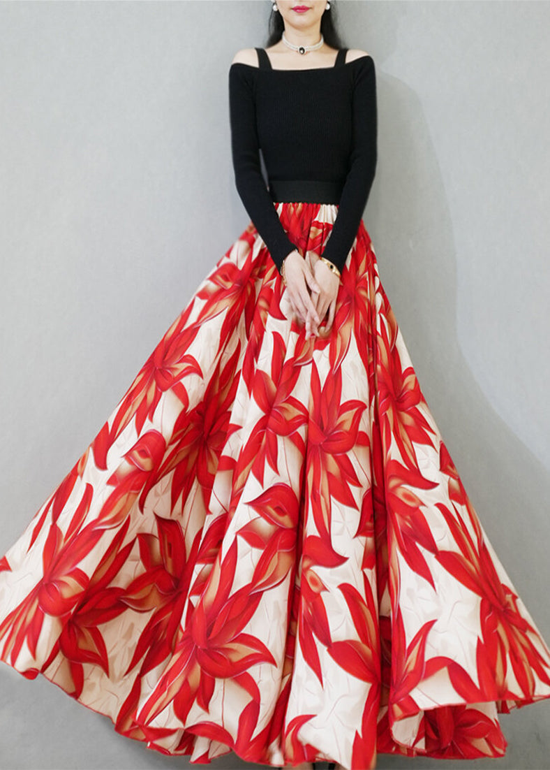 Red Print Chiffon Skirt Exra Large Hem Spring YU024 ABC