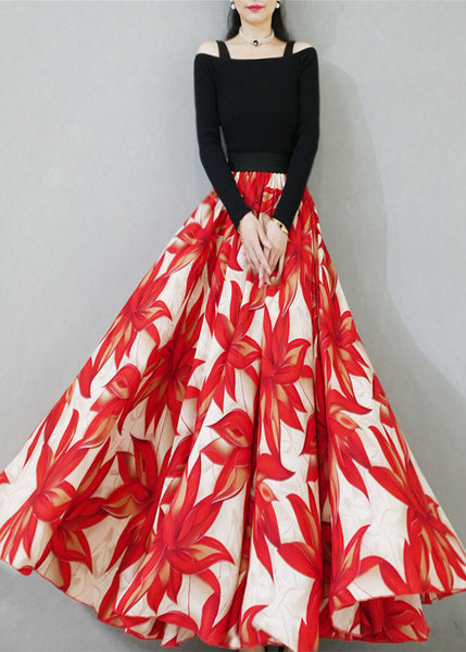 Red Print Chiffon Skirt Exra Large Hem Spring YU024 ABC