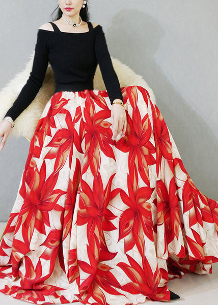 Red Print Chiffon Skirt Exra Large Hem Spring YU024 ABC