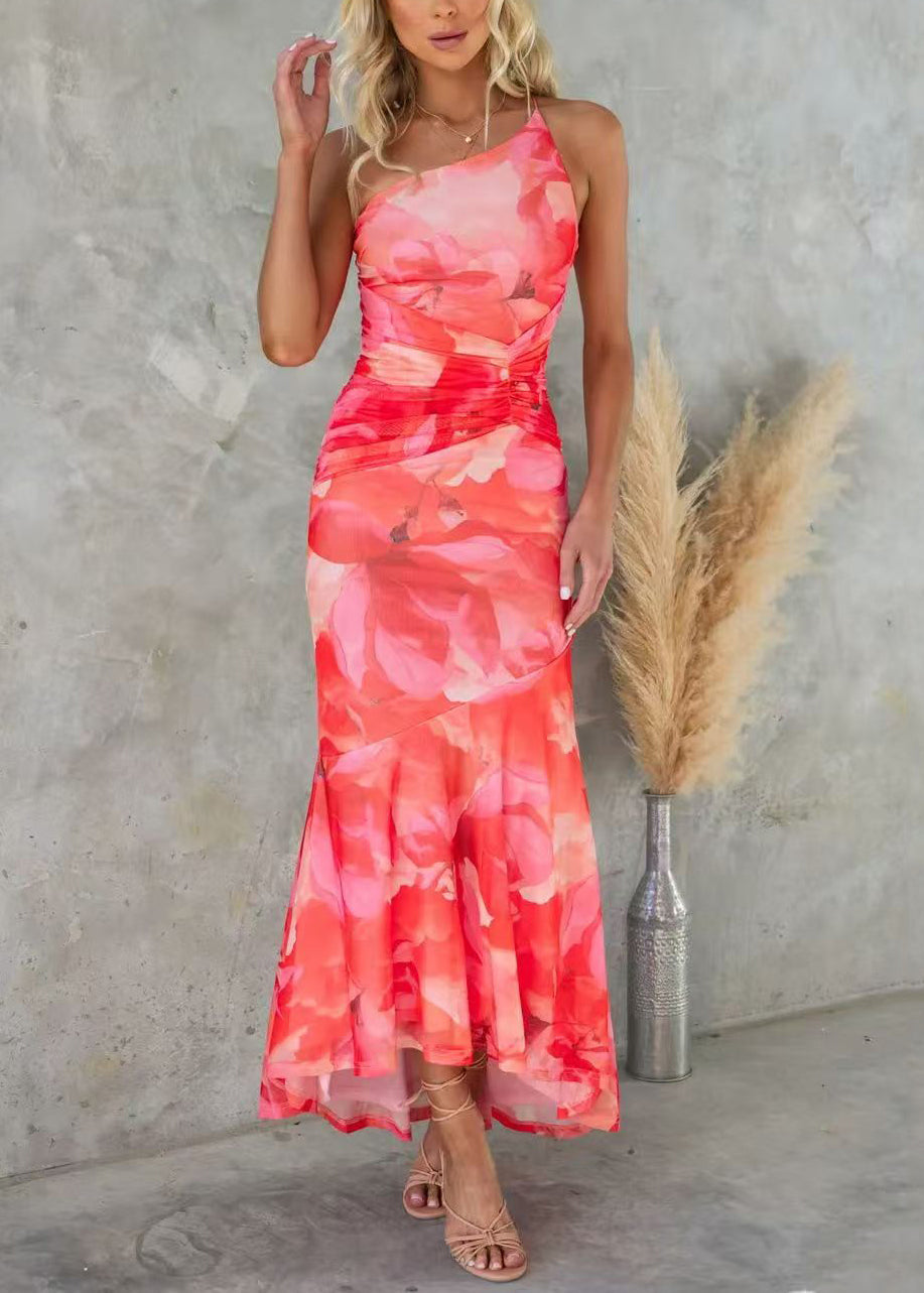 Sleeveless Strap Print Cotton Dress Red Spaghetti Shoulder Cold FashionChic