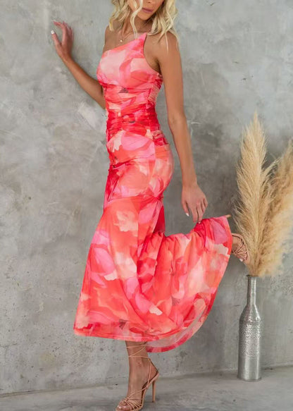 Sleeveless Strap Print Cotton Dress Red Spaghetti Shoulder Cold FashionChic