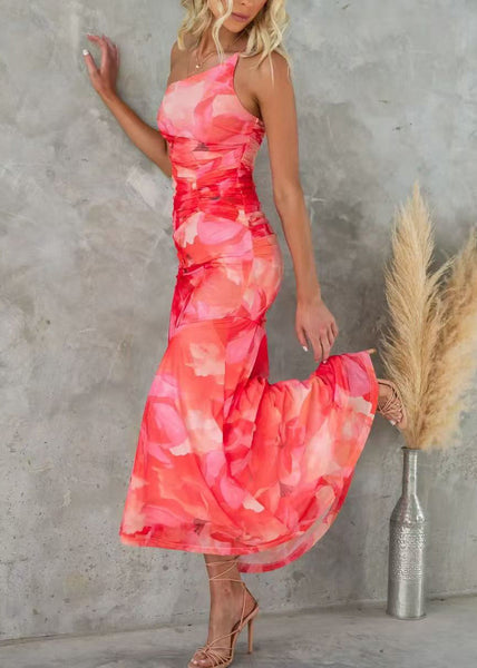 Sleeveless Strap Print Cotton Dress Red Spaghetti Shoulder Cold FashionChic