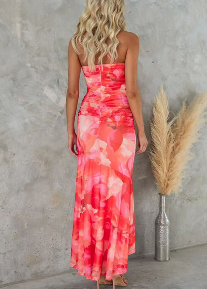 Sleeveless Strap Print Cotton Dress Red Spaghetti Shoulder Cold FashionChic