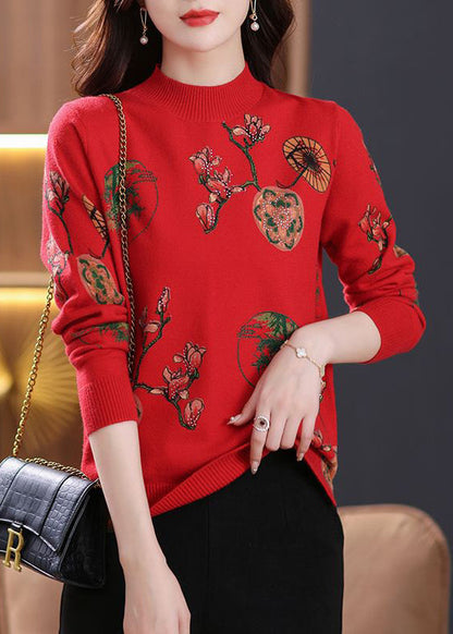 Red Print Cozy Wool Knit Top O-Neck Long Sleeve TB012