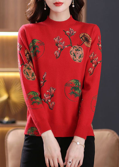 Red Print Cozy Wool Knit Top O-Neck Long Sleeve TB012