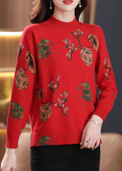 Red Print Cozy Wool Knit Top O-Neck Long Sleeve TB012