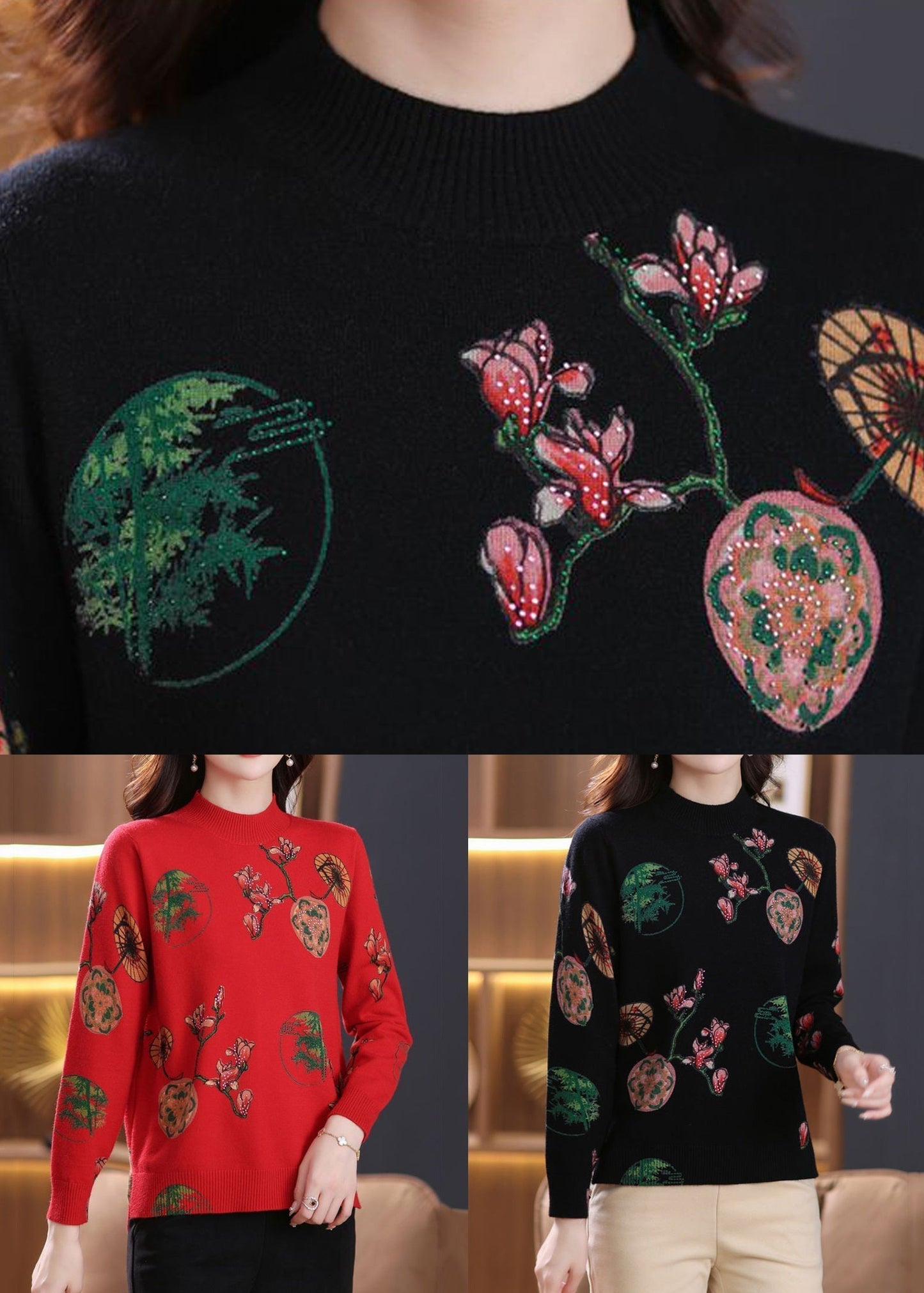 Red Print Cozy Wool Knit Top O-Neck Long Sleeve TB012