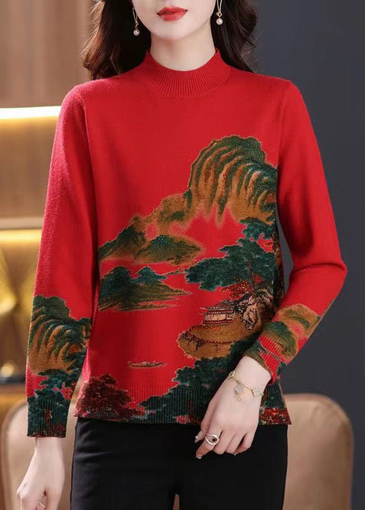 Red Print Cozy Wool Knit Tops O-Neck Long Sleeve TB003