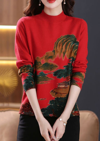 Red Print Cozy Wool Knit Tops O-Neck Long Sleeve TB003