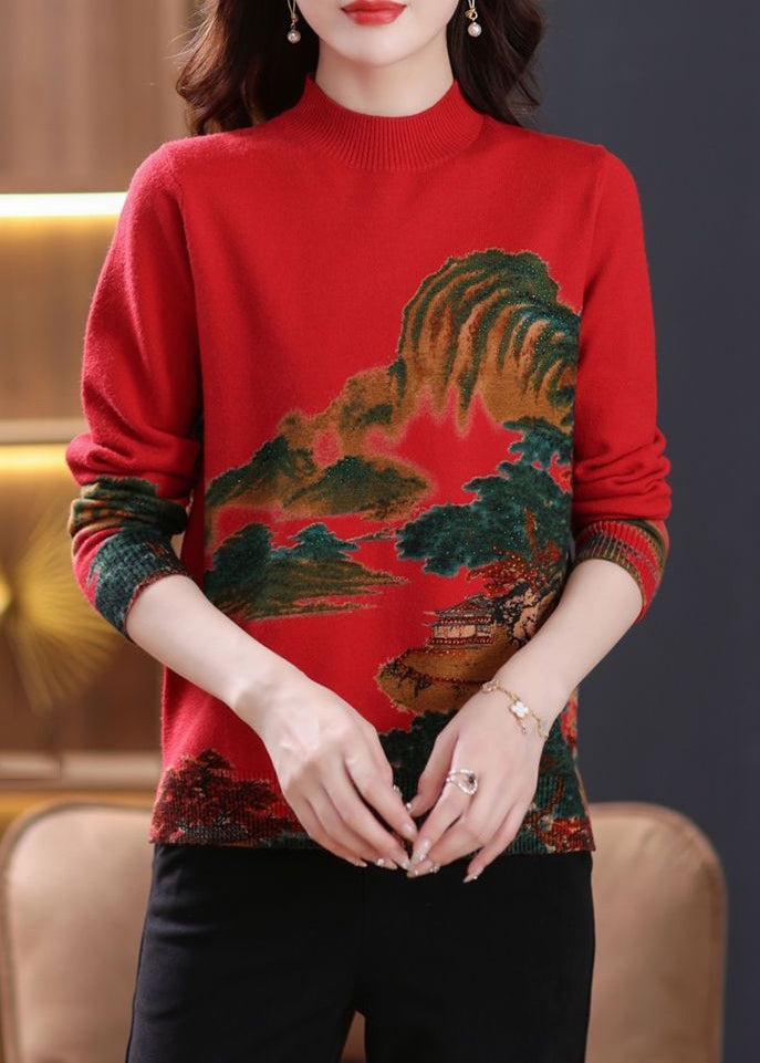 Red Print Cozy Wool Knit Tops O-Neck Long Sleeve TB003