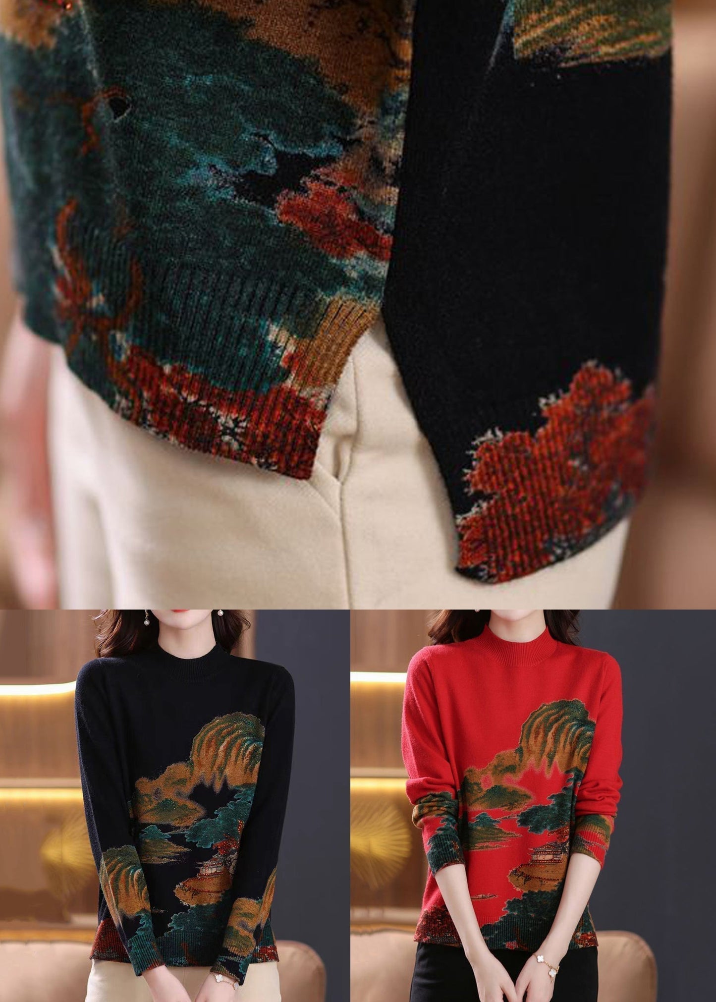 Red Print Cozy Wool Knit Tops O-Neck Long Sleeve TB003